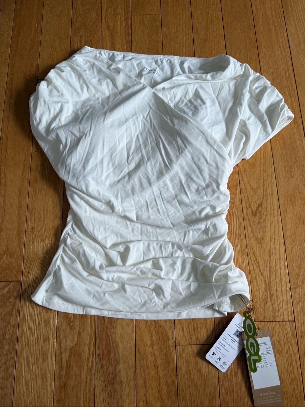 OGL Cream V-Neck Short Sleeve Top with Side Ruching - Picture 8 of 8